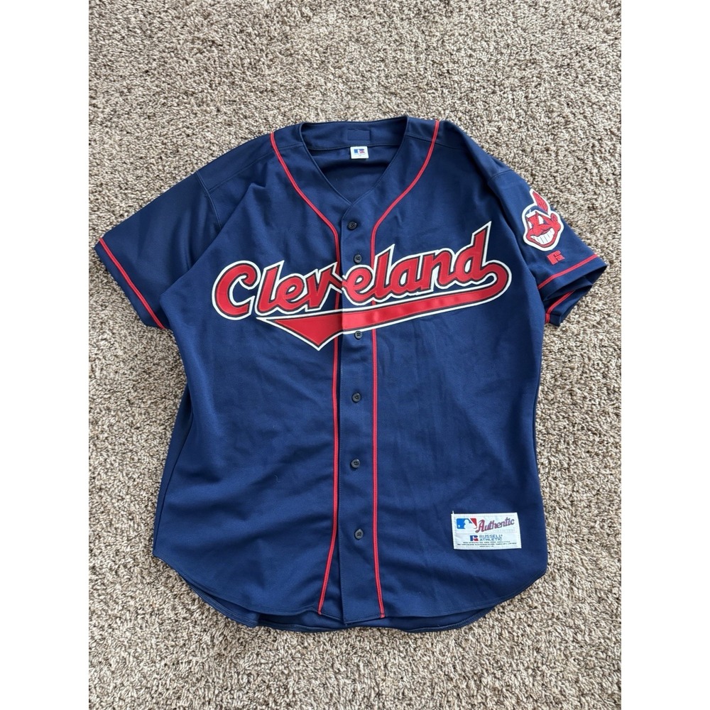 Vintage MLB Cleveland Indians Jersey Mens 48 Blue Wahoo Russell Jersey 90s
